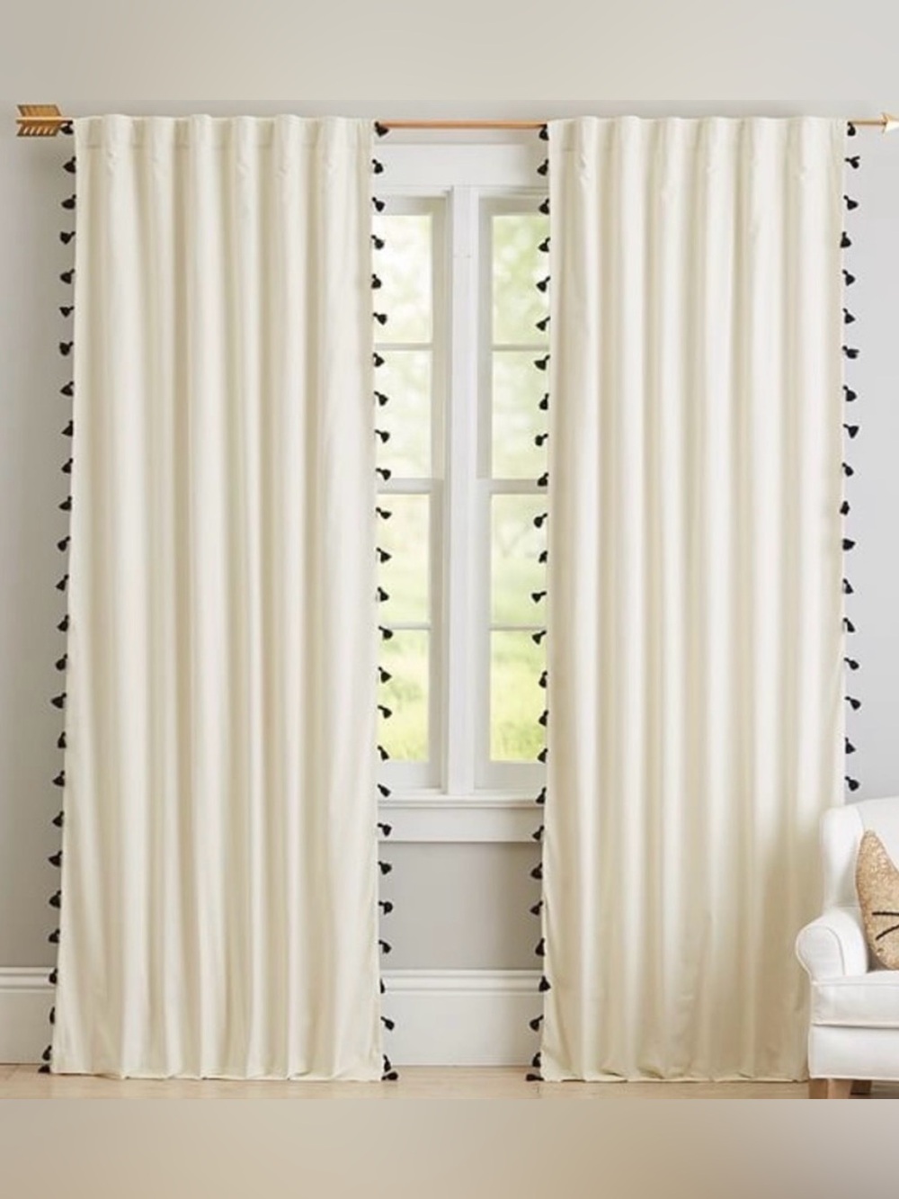 Curtain Panel- Pottery Barn Teen Blackout curtains cream & black tassel set of 2
